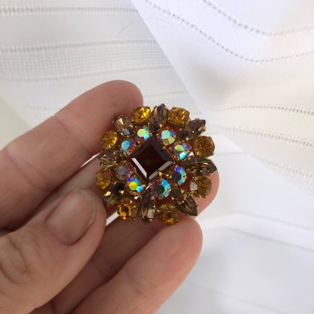 Vtg Amber Rhinestone Brooch - Picture 8 of 10